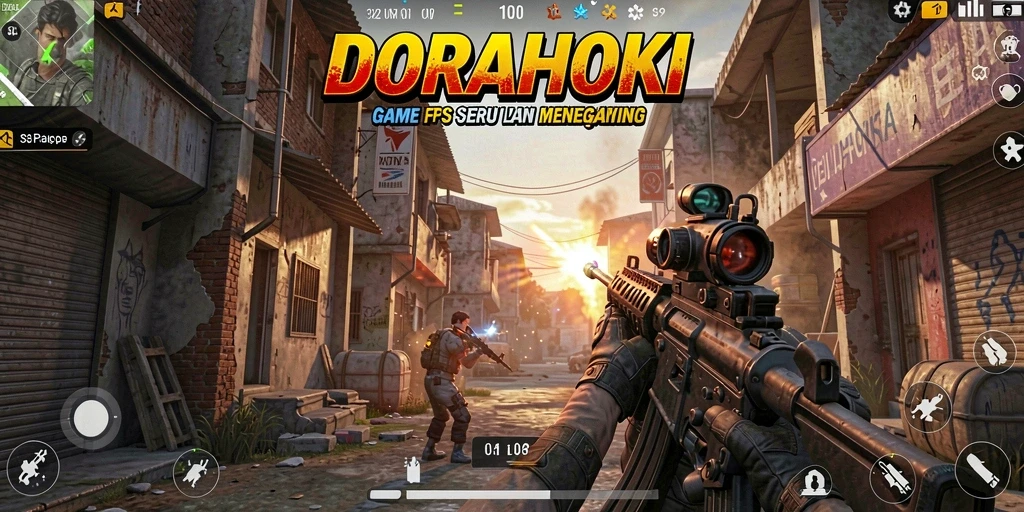 Tampilan gameplay seru dalam DORAHOKI dengan aksi menembak yang intens.