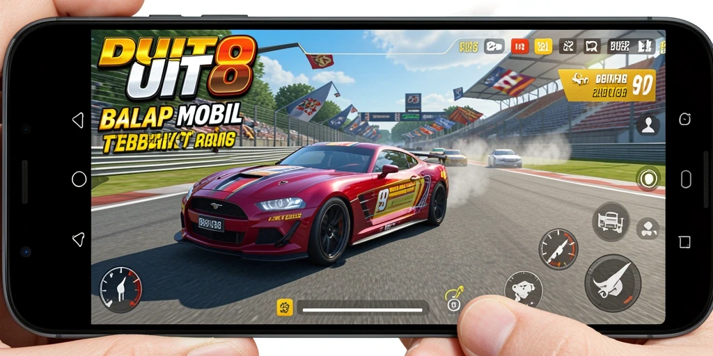 Screenshot gameplay DUIT8 menampilkan balapan mobil yang mendebarkan.