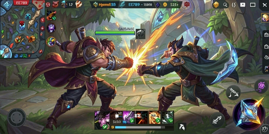 Screenshot gameplay menampilkan aksi seru dan strategi tim dalam MOBA.