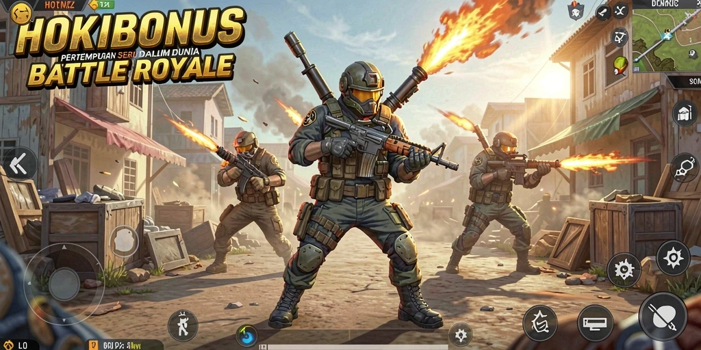 Screenshot HOKIBONUS menunjukkan aksi pertempuran intens di medan Battle Royale.