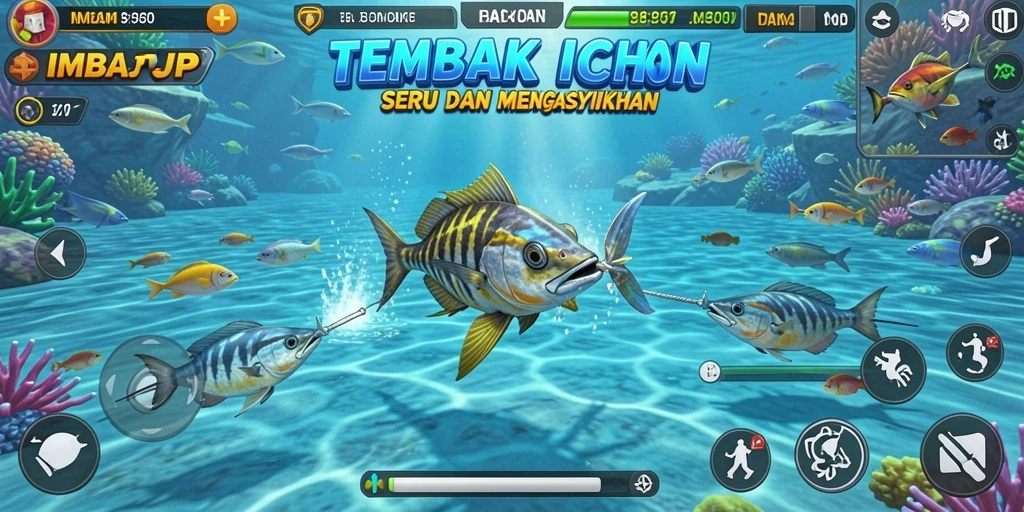 Screenshot gameplay IMBAJP yang menunjukkan aksi menembak ikan yang seru.