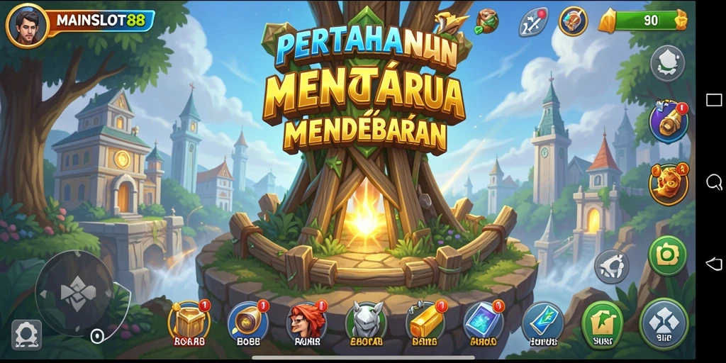 Tampilan gameplay seru dalam MAINSLOT88 dengan menara bertahan dan musuh yang menyerang.