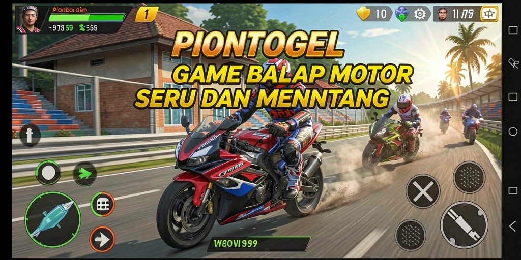 Tampilan gameplay PIONTOGEL dengan balapan motor yang mendebarkan.
