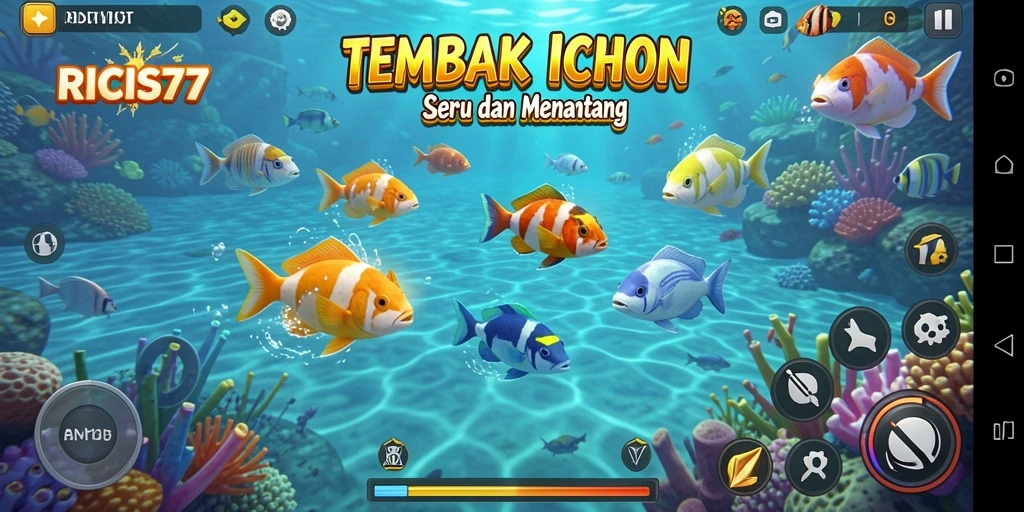 Tampilan gameplay RICIS77 dengan aksi menembak ikan yang seru.