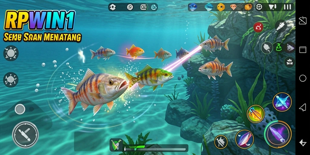 Screenshot gameplay RPWIN1 menampilkan aksi menangkap ikan yang seru.