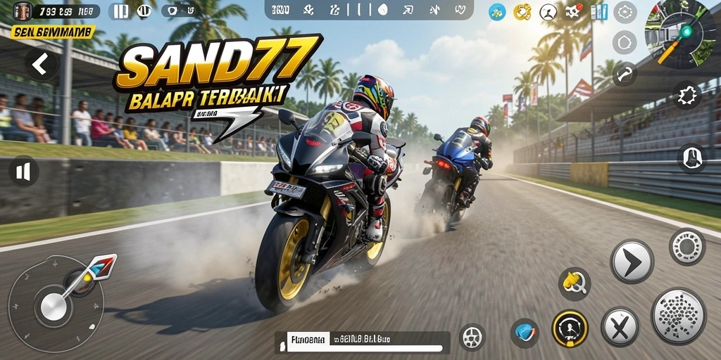 Gameplay SAND77 yang mendebarkan dengan balapan motor cepat.